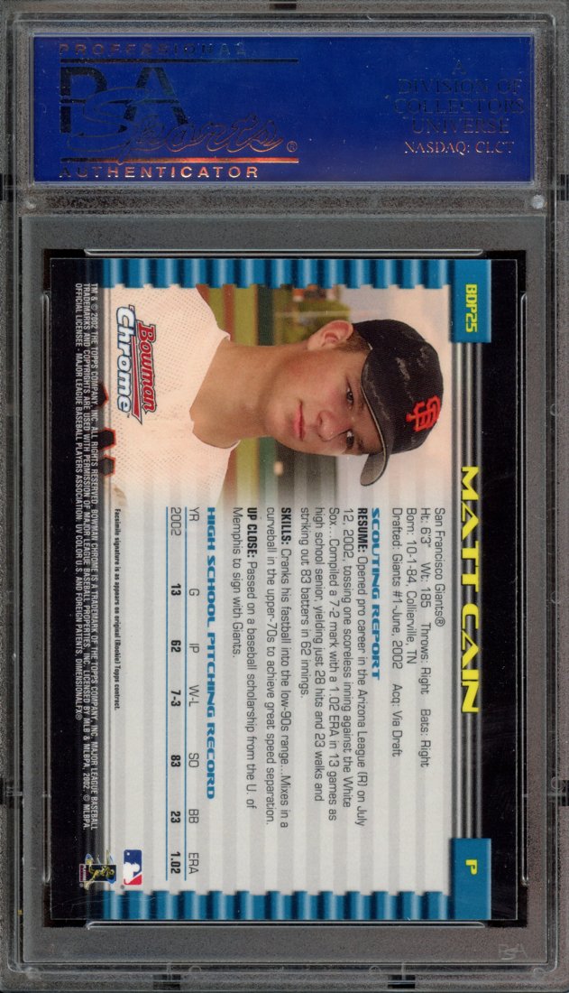 2002 Bowman Chrome Draft Picks Matt Cain #25 back