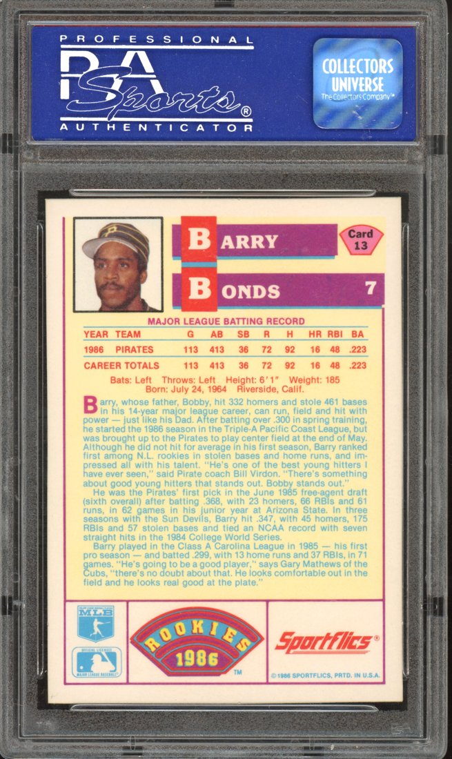 1986 Sportflics Rookies Barry Bonds #13 back