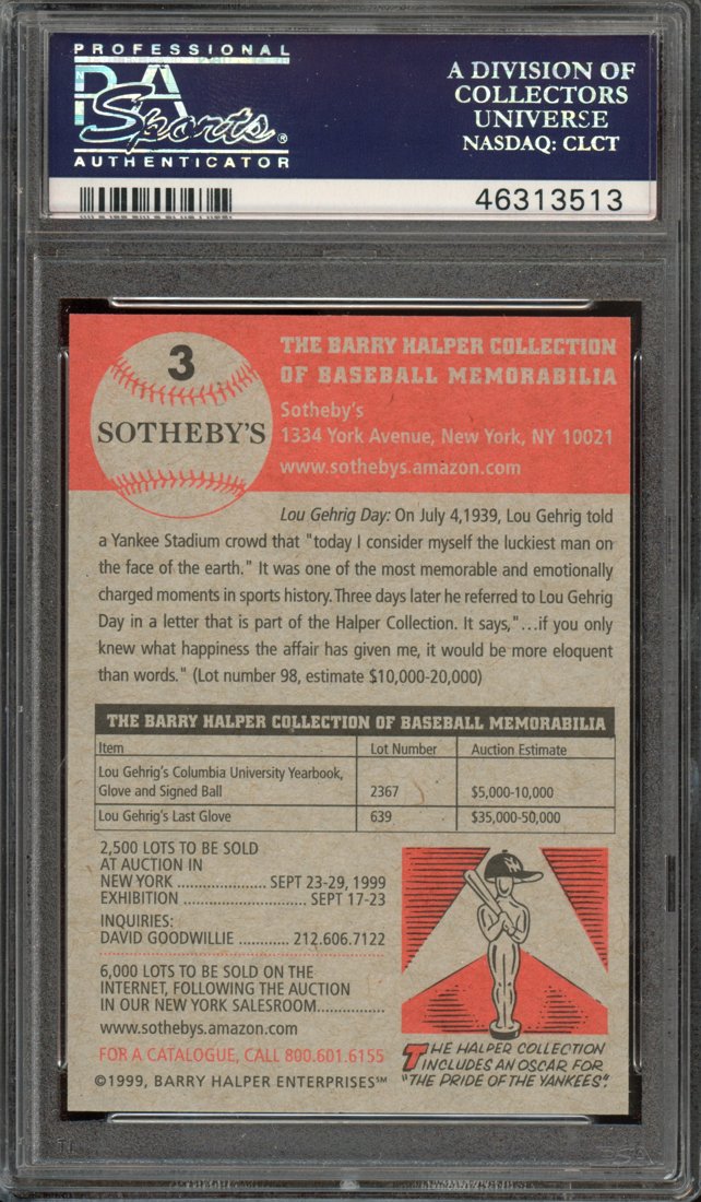 1999 Sotheby's Barry Halper Collection Lou Gehrig #3 back