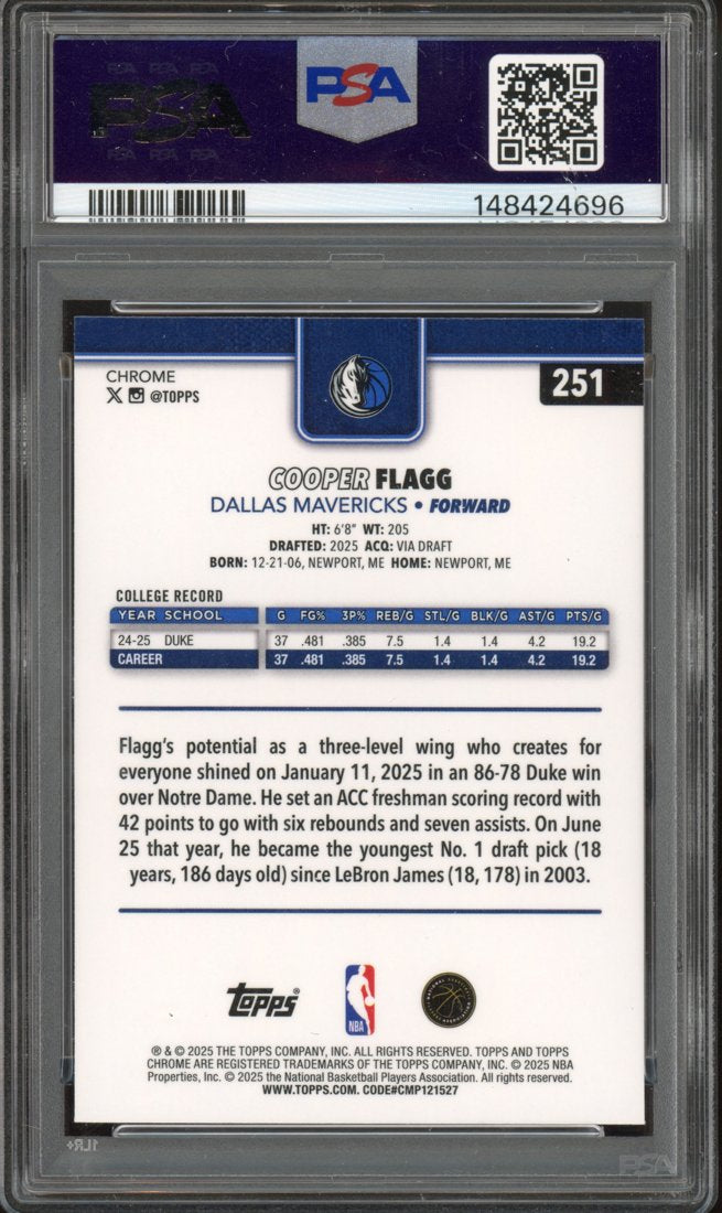 2025 Topps Chrome Cooper Flagg #251 X-Fractor back