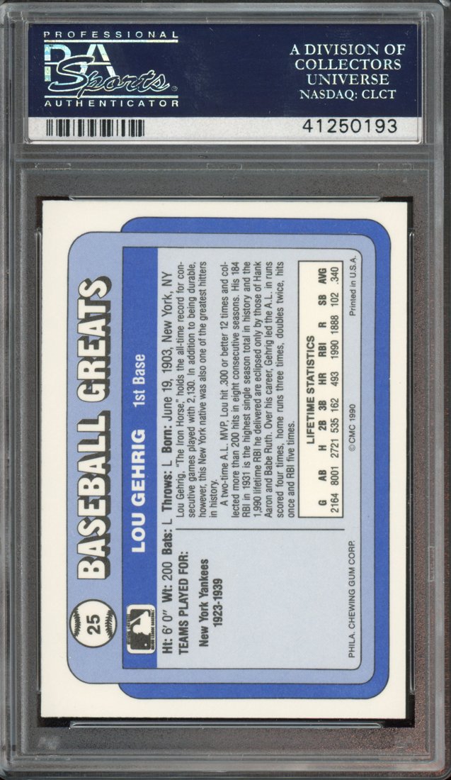 1990 Swell Baseball Greats Lou Gehrig #25 back