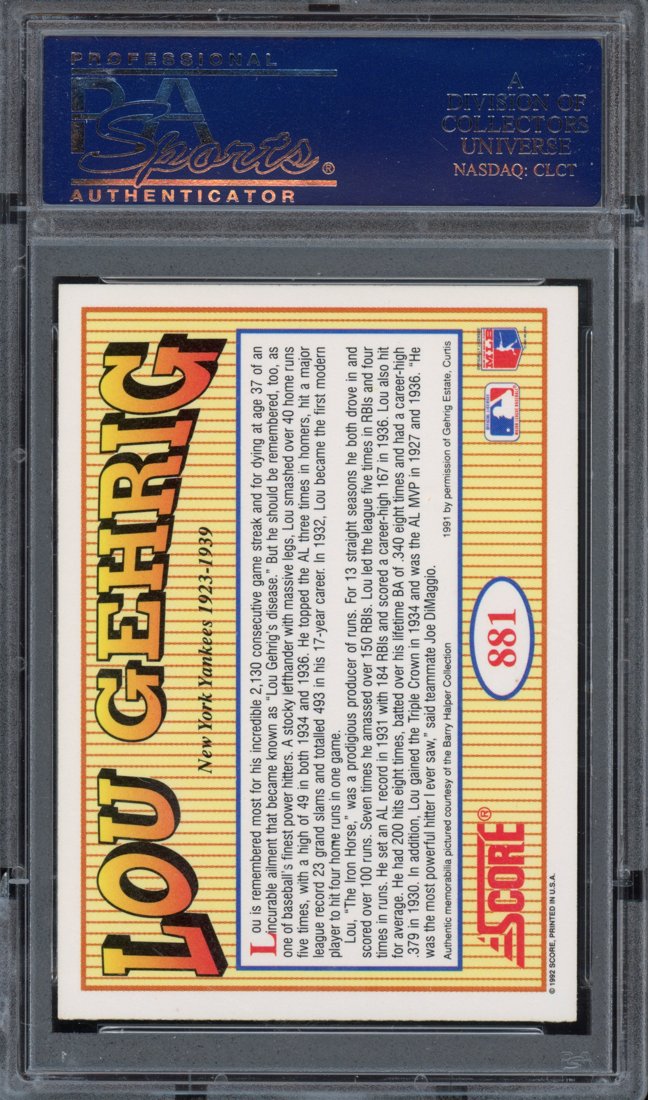 1992 Score Lou Gehrig #881 Memorabilia back