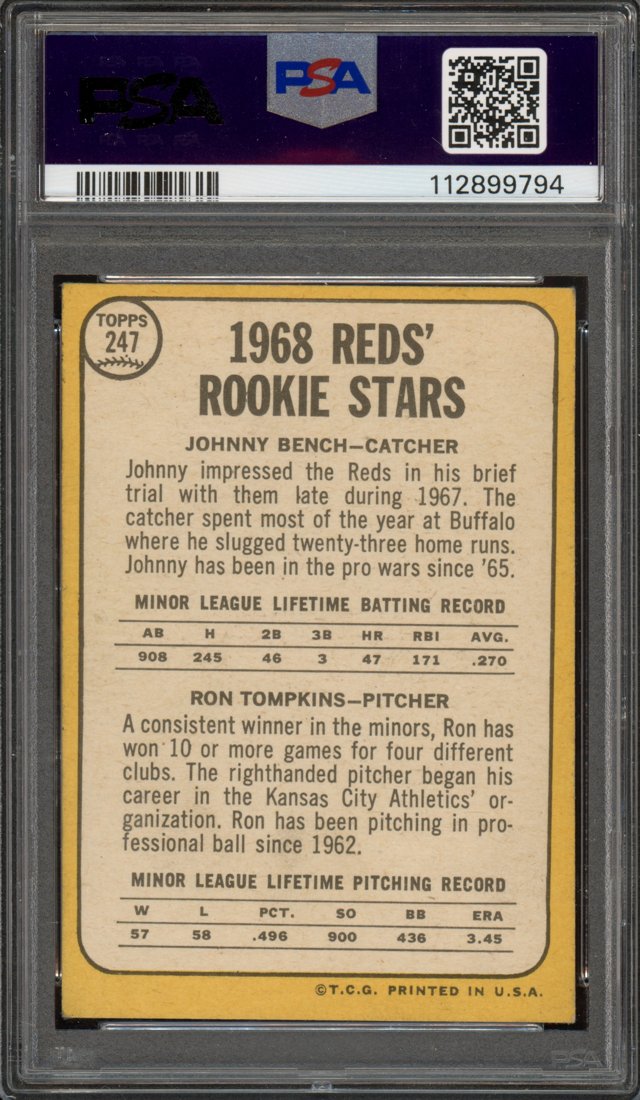 1968 Topps Johnny Bench / Ron Tompkins #247 back