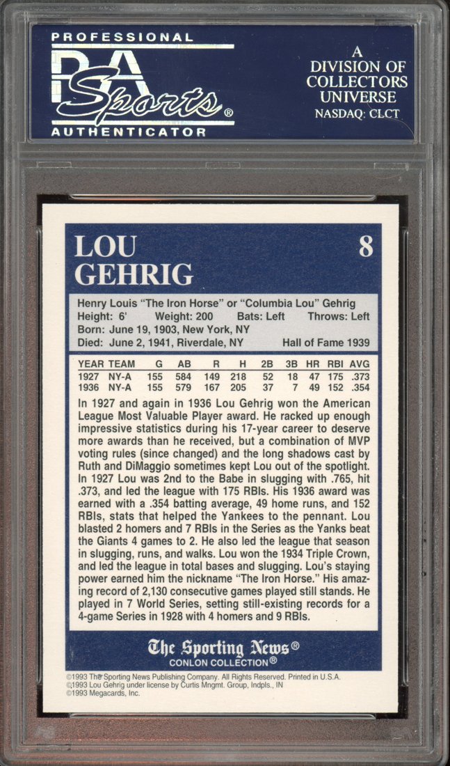1993 Conlon Collection Color Lou Gehrig #8 back