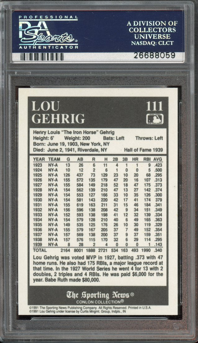 1991 Conlon Collection Lou Gehrig #111 back