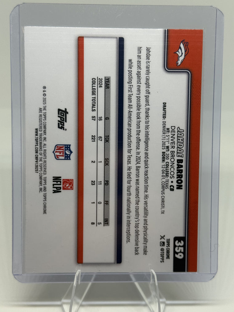 2025 Topps Chrome #359 Jahdae Barron Pink Refractor /250 (Numbered 1/250) back
