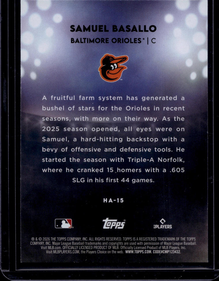 2026 Topps #HA-15 Samuel Basallo Home Field Advantage back