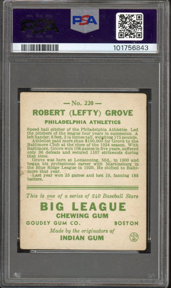 1933 Goudey Lefty Grove #220 back