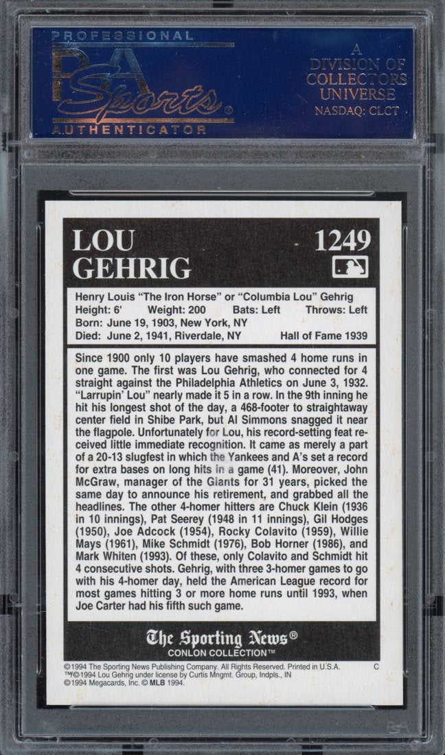 1994 Conlon Collection Lou Gehrig #1249 Burgundy back