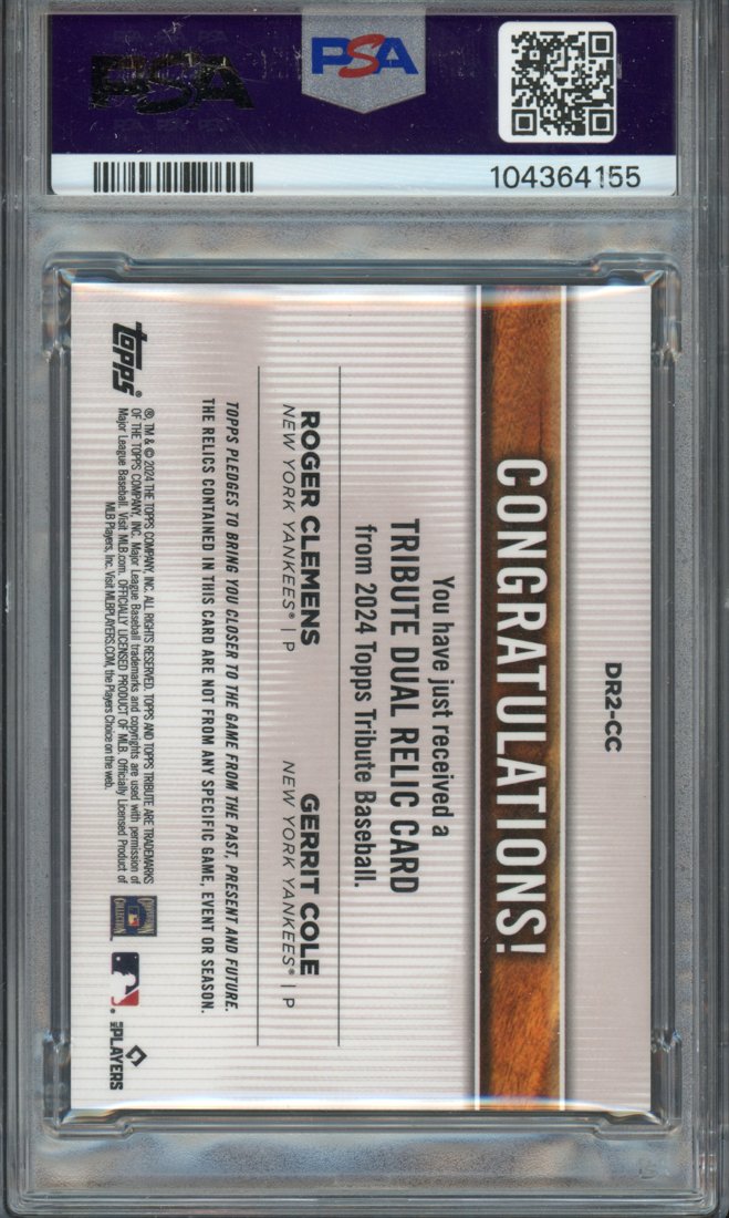 2024 Topps Tribute Roger Clemens / Gerrit Cole #DR2CC Dual Player Relics Purple 15/50 back