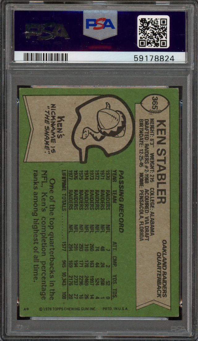 1978 Topps Ken Stabler #365 back