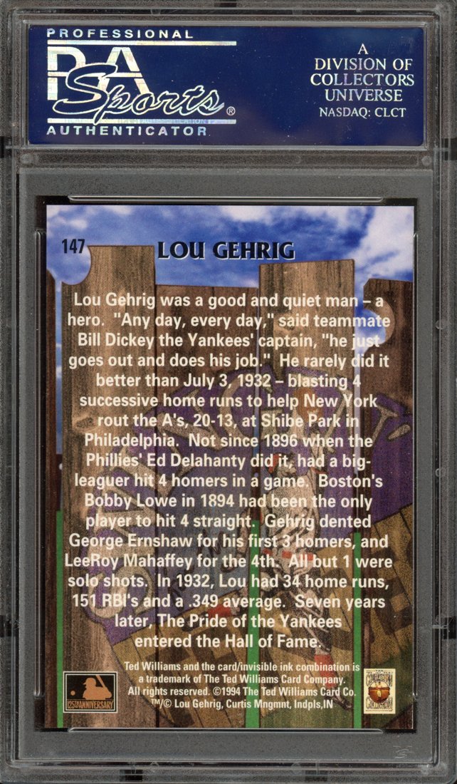 1994 Ted Williams Card Company Lou Gehrig #147 Swingin' for the Fences back