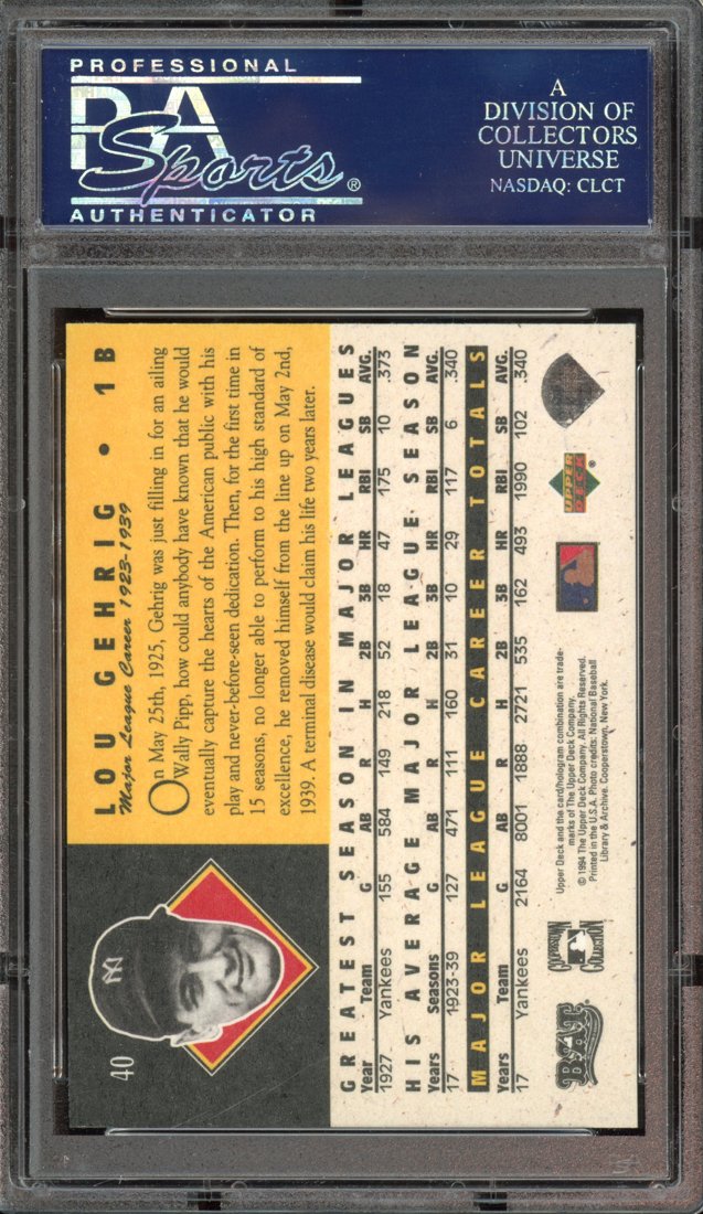 1994 Upper Deck All-Time Heroes Lou Gehrig #40 back