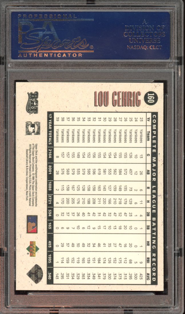 1994 Upper Deck All-Time Heroes Lou Gehrig #160 Diamond Legends back