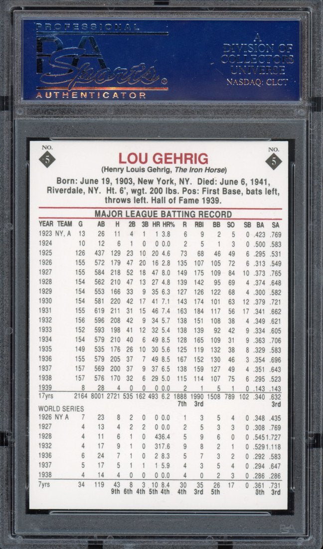 1992 St. Vincent HOF Heroes Stamps Lou Gehrig #5 back