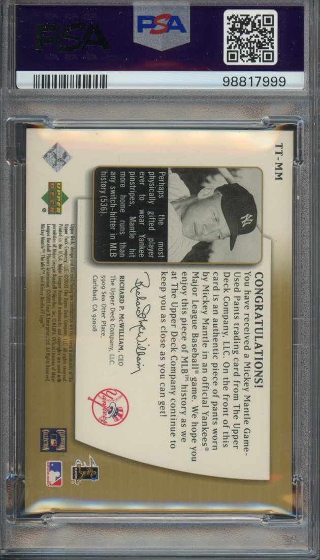 2003 Upper Deck UD Authentics Threads of Time Mickey Mantle #TT-MM 117/250 back