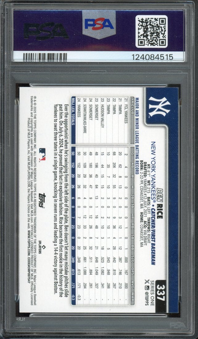 2025 Topps Series One Ben Rice #337 back