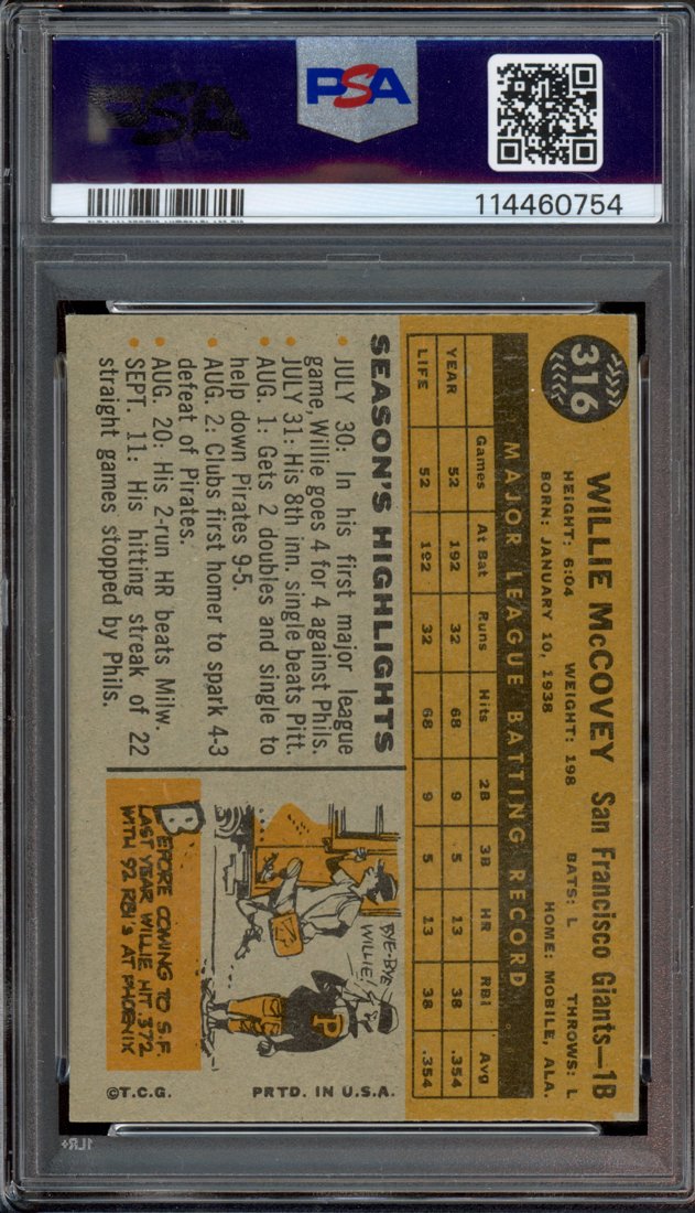 1960 Topps Willie McCovey #316 back