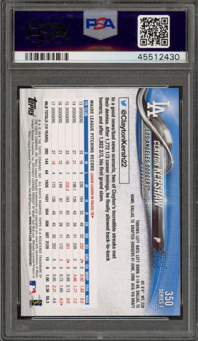 2018 Topps Series 1 Clayton Kershaw #350 back
