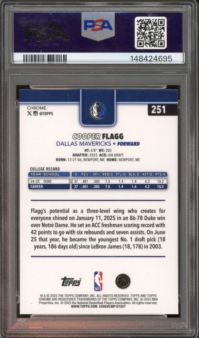 2025 Topps Chrome Cooper Flagg #251 Blue Wave Refractor 092/150 back
