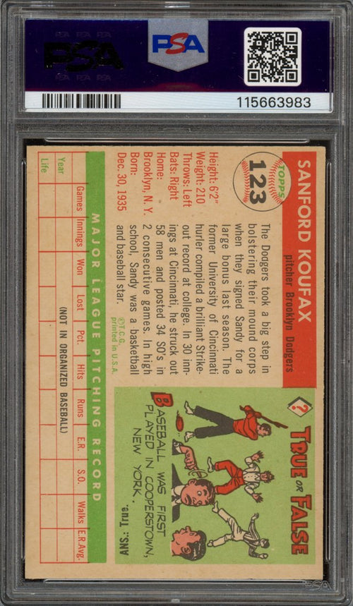 1955 Topps Sandy Koufax (back)