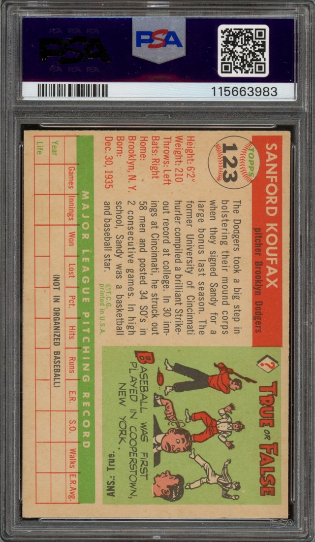 1955 Topps Sandy Koufax #123 back