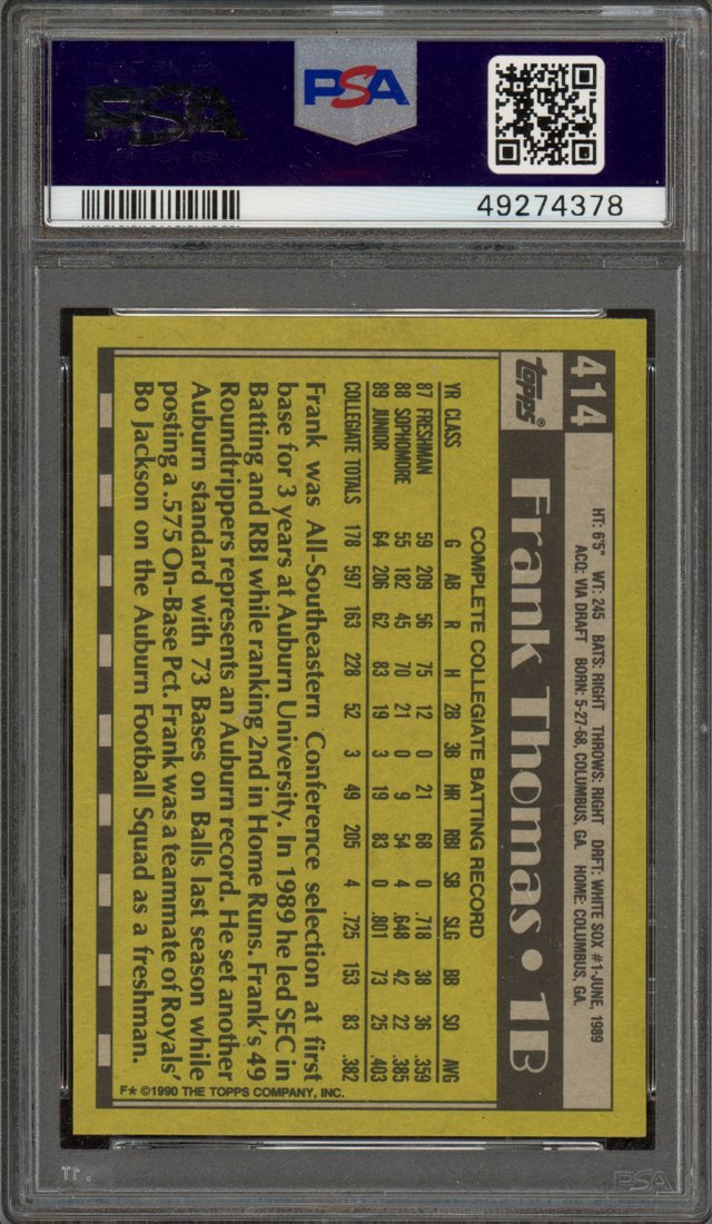 1990 Topps Frank Thomas #414 Name on Front back