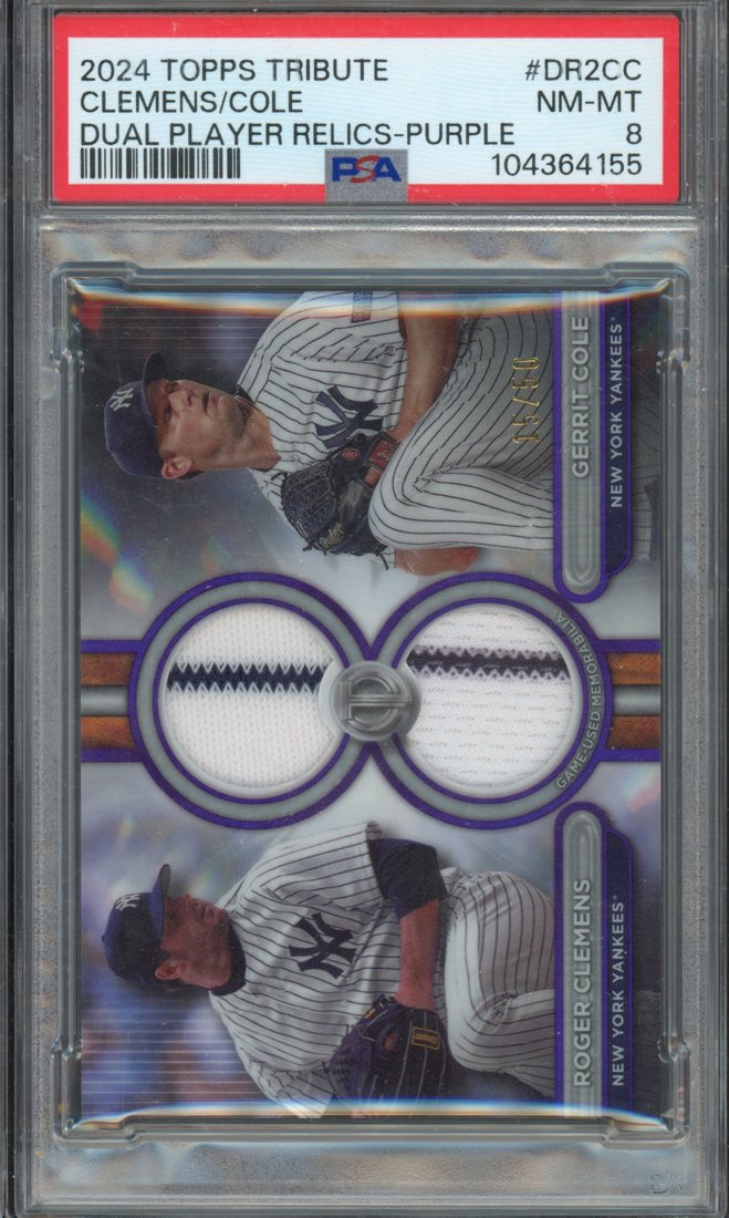 2024 Topps Tribute Roger Clemens / Gerrit Cole #DR2CC Dual Player Relics Purple 15/50 front