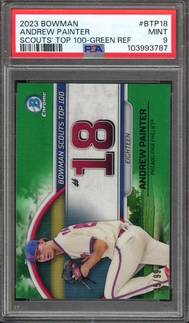 2023 Bowman Chrome Scouts' Top 100 Andrew Painter #BTP-18 Green Refractor 35/99 front