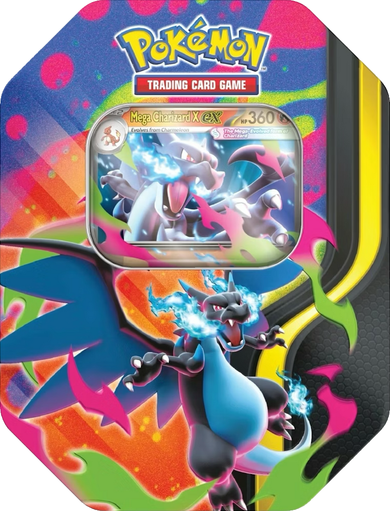 Pokémon Mega Charizard ex Tin front